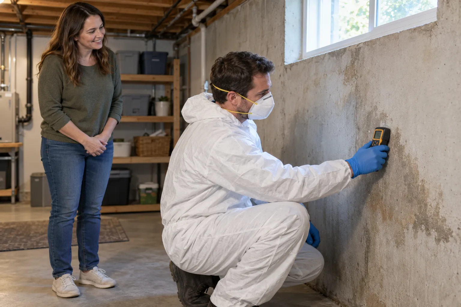 A local provider inspecting a basement wall for mold in a home in Minneapolis